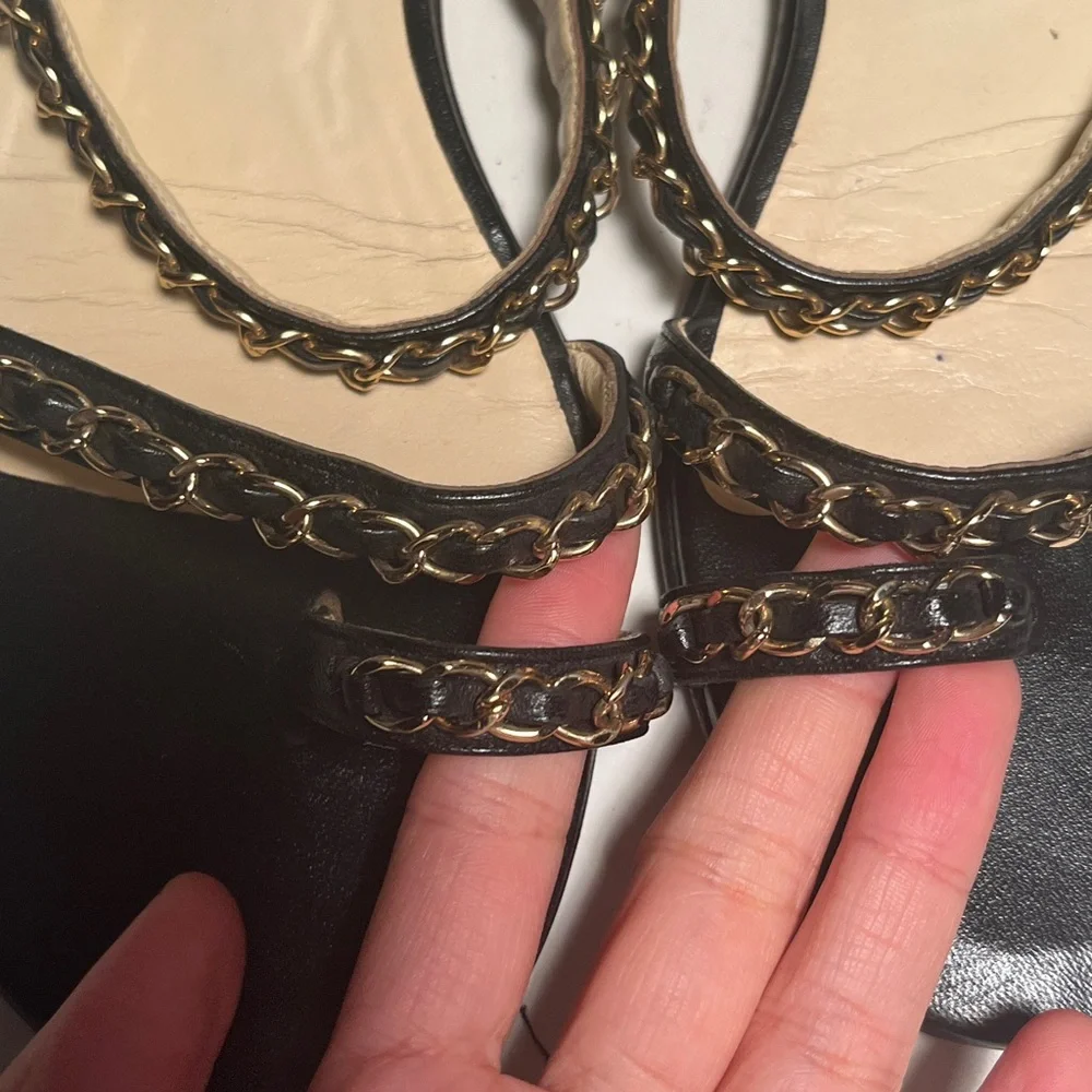 CHANEL Black and Gold Chain Sandals